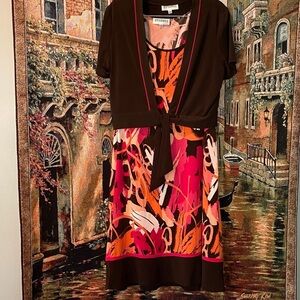 Studio I Vibrant Brown and Pink Dress with Removable Cardigan.